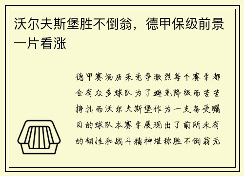 沃尔夫斯堡胜不倒翁，德甲保级前景一片看涨
