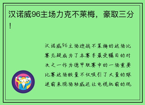 汉诺威96主场力克不莱梅，豪取三分！
